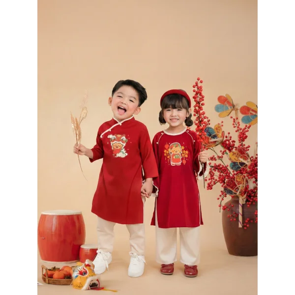 Bộ áo dài Tết bé gái Animo TX0126069 (2-5Y,Đỏ-kem,DD02)