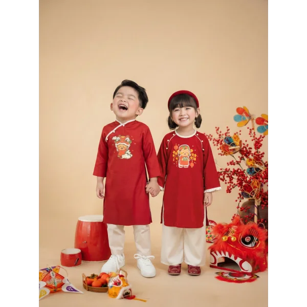 Bộ áo dài Tết bé gái Animo TX0126069 (2-5Y,Đỏ-kem,DD02)