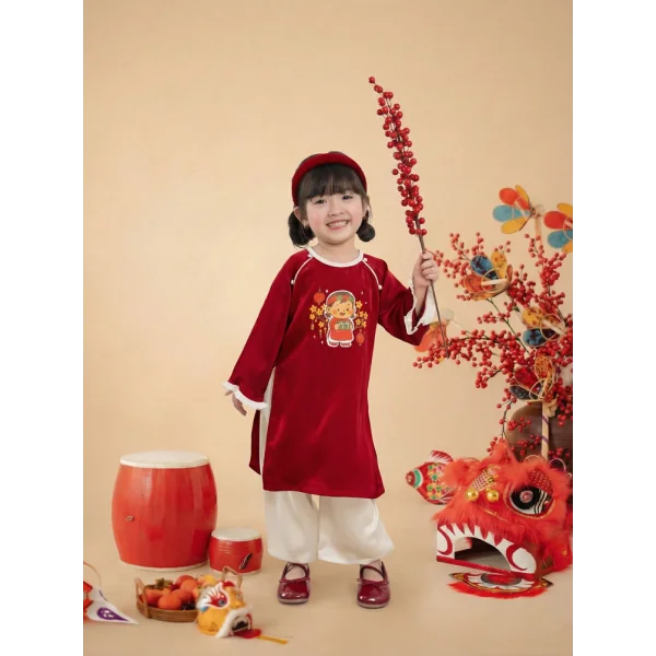 Bộ áo dài Tết bé gái Animo TX0126069 (2-5Y,Đỏ-kem,DD02)