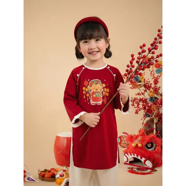Bộ áo dài Tết bé gái Animo TX0126069 (2-5Y,Đỏ-kem,DD02)