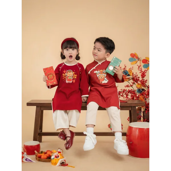 Bộ áo dài Tết bé trai Animo TX0126068 (2-5Y,Đỏ-kem,DD02)