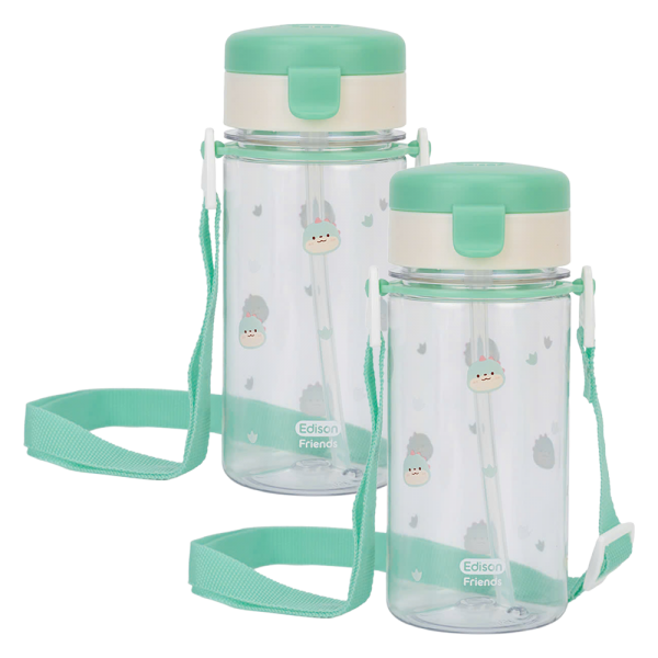 Combo 2 Bình tập uống ống hút chống tràn ecozen Edison (350ml, dây đeo, xanh lá)