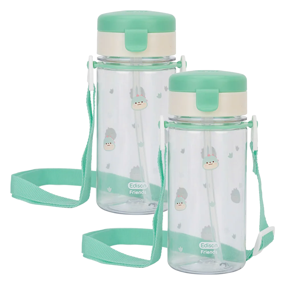 Combo 2 Bình tập uống ống hút chống tràn ecozen Edison (350ml, dây đeo, xanh lá)