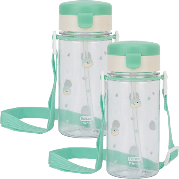 Combo 2 Bình tập uống ống hút chống tràn ecozen Edison (350ml, dây đeo, xanh lá)