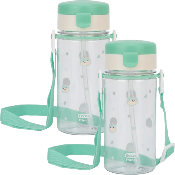 Combo 2 Bình tập uống ống hút chống tràn ecozen Edison (350ml, dây đeo, xanh lá)