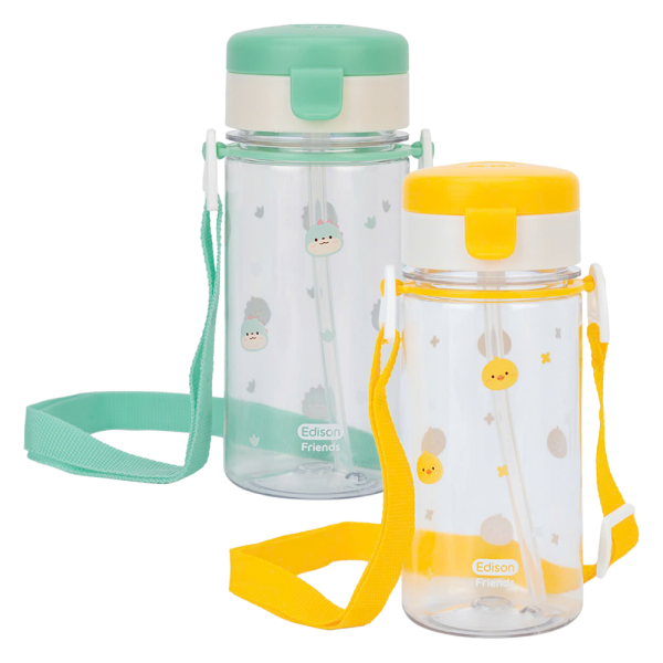 Combo 1 Bình tập uống ống hút chống tràn ecozen Edison (350ml, dây đeo, xanh lá) và 1 Bình tập uống ống hút chống tràn ecozen Edison (350ml, dây đeo, vàng)