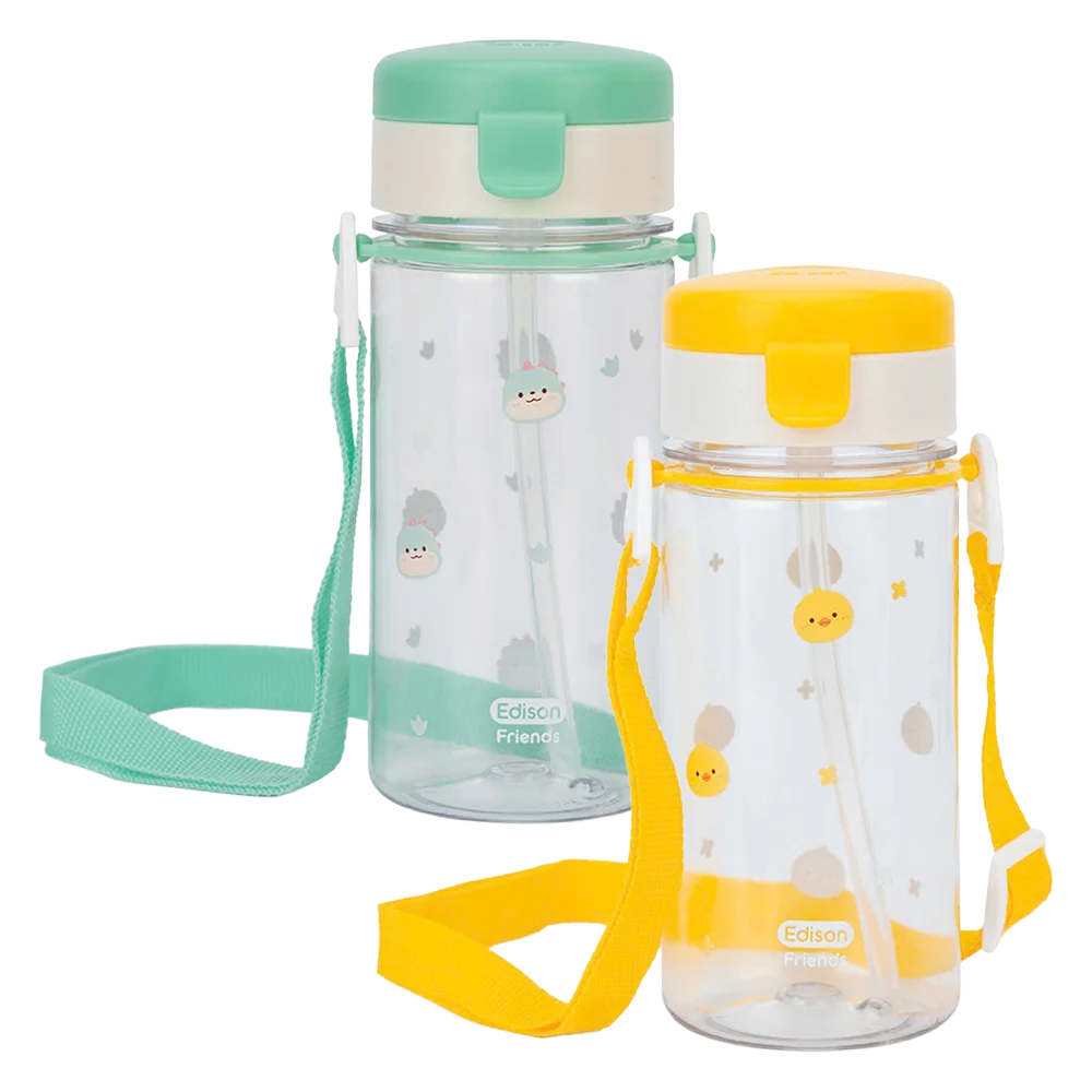 Combo 1 Bình tập uống ống hút chống tràn ecozen Edison (350ml, dây đeo, xanh lá) và 1 Bình tập uống ống hút chống tràn ecozen Edison (350ml, dây đeo, vàng)