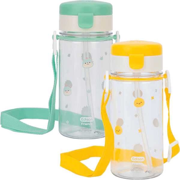 Combo 1 Bình tập uống ống hút chống tràn ecozen Edison (350ml, dây đeo, xanh lá) và 1 Bình tập uống ống hút chống tràn ecozen Edison (350ml, dây đeo, vàng)