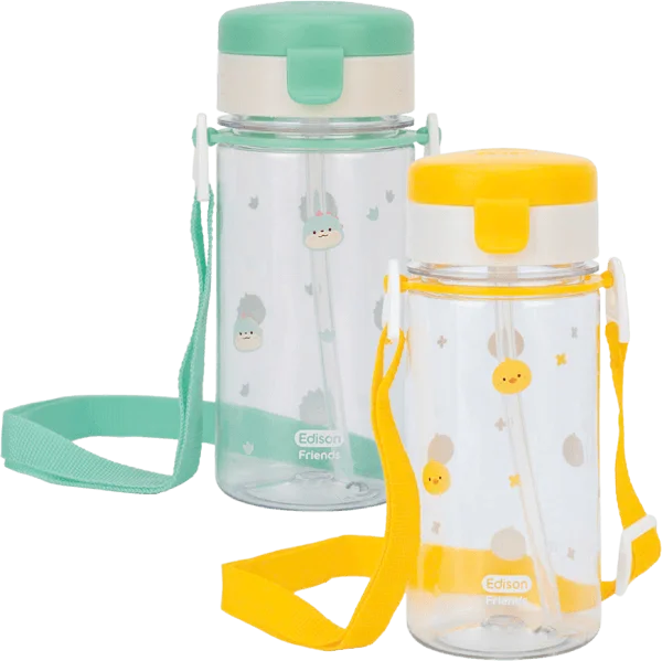 Combo 1 Bình tập uống ống hút chống tràn ecozen Edison (350ml, dây đeo, xanh lá) và 1 Bình tập uống ống hút chống tràn ecozen Edison (350ml, dây đeo, vàng)