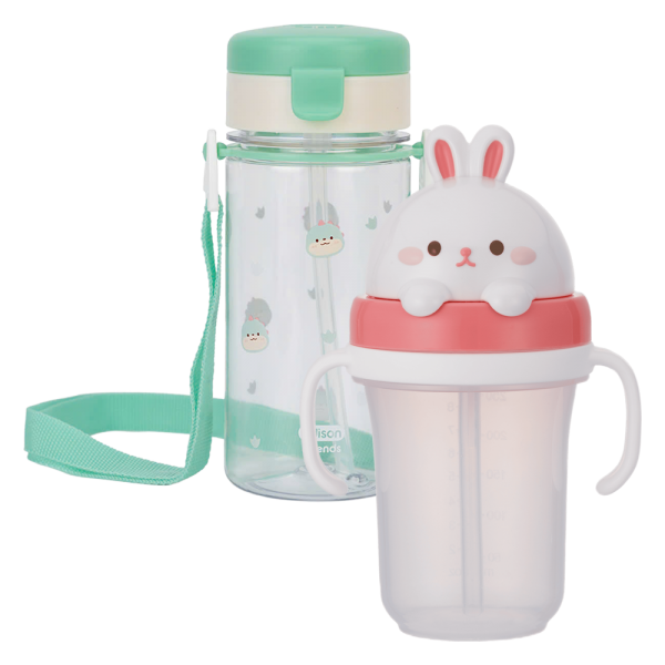 Combo 1 Bình tập uống ống hút chống tràn ecozen Edison (350ml, dây đeo, xanh lá) và 1 Bình tập uống ống hút chống tràn 3D Edison (300ml, thỏ hồng)