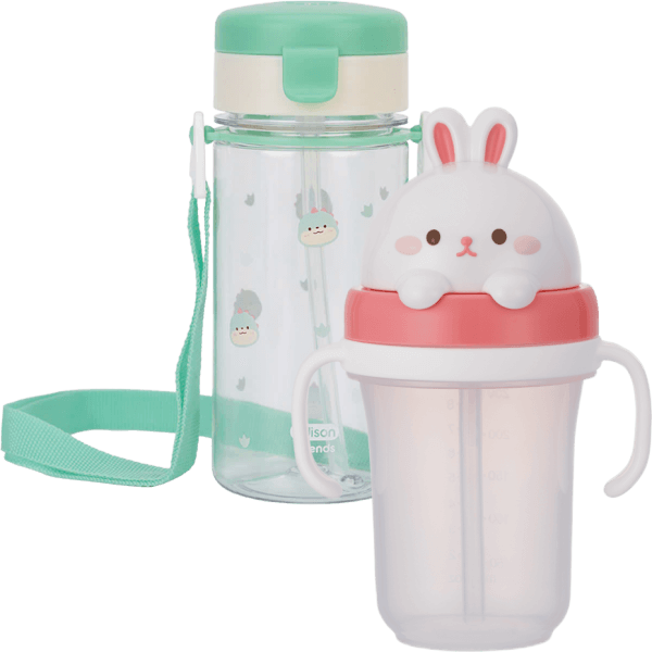 Combo 1 Bình tập uống ống hút chống tràn ecozen Edison (350ml, dây đeo, xanh lá) và 1 Bình tập uống ống hút chống tràn 3D Edison (300ml, thỏ hồng)