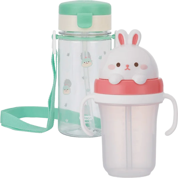 Combo 1 Bình tập uống ống hút chống tràn ecozen Edison (350ml, dây đeo, xanh lá) và 1 Bình tập uống ống hút chống tràn 3D Edison (300ml, thỏ hồng)
