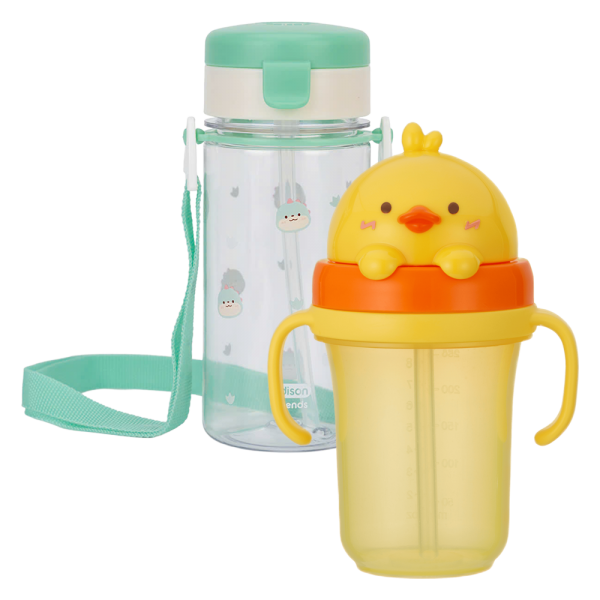 Combo 1 Bình tập uống ống hút chống tràn ecozen Edison (350ml, dây đeo, xanh lá) và 1 Bình tập uống ống hút chống tràn 3D Edison (300ml, vịt vàng)