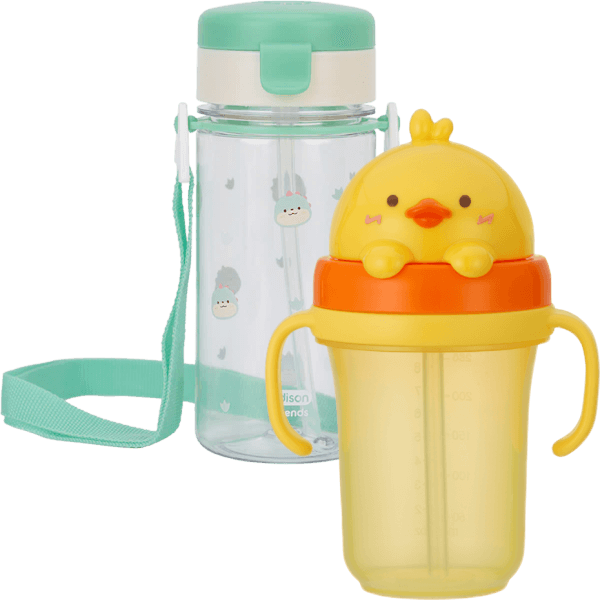 Combo 1 Bình tập uống ống hút chống tràn ecozen Edison (350ml, dây đeo, xanh lá) và 1 Bình tập uống ống hút chống tràn 3D Edison (300ml, vịt vàng)