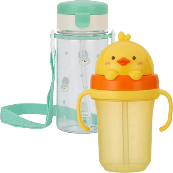 Combo 1 Bình tập uống ống hút chống tràn ecozen Edison (350ml, dây đeo, xanh lá) và 1 Bình tập uống ống hút chống tràn 3D Edison (300ml, vịt vàng)