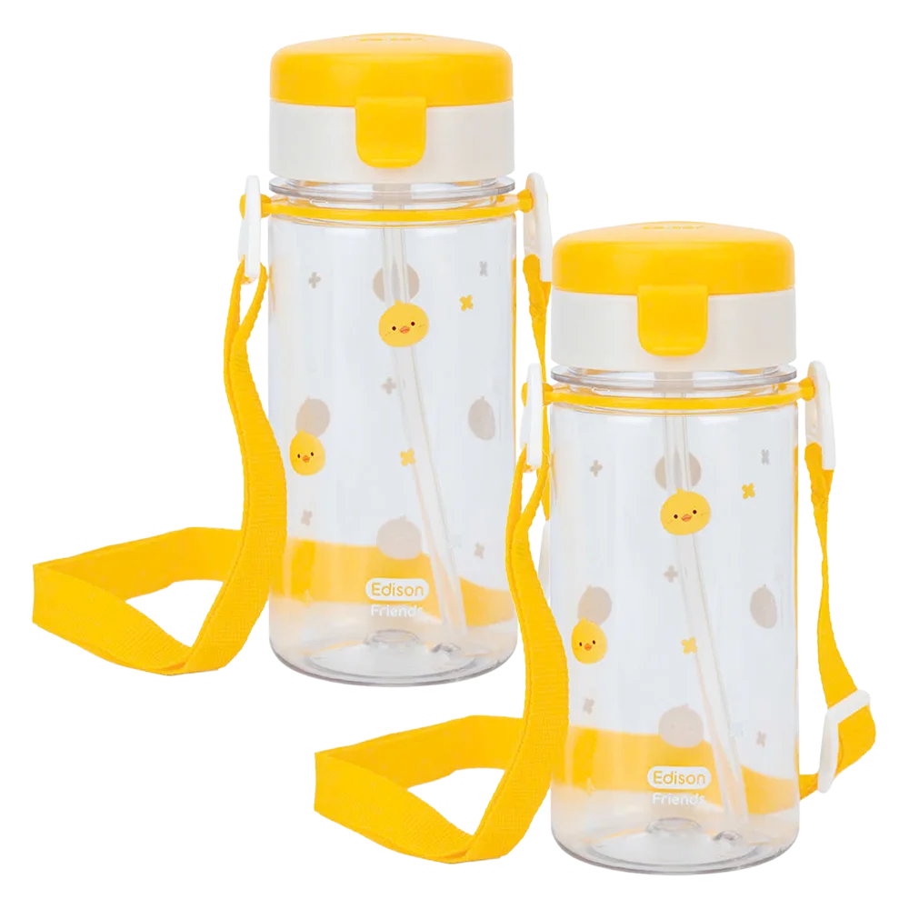 Combo 2 Bình tập uống ống hút chống tràn ecozen Edison (350ml, dây đeo, vàng)