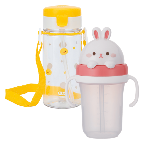 Combo 1 Bình tập uống ống hút chống tràn ecozen Edison (350ml, dây đeo, vàng) và 1 Bình tập uống ống hút chống tràn 3D Edison (300ml, thỏ hồng)