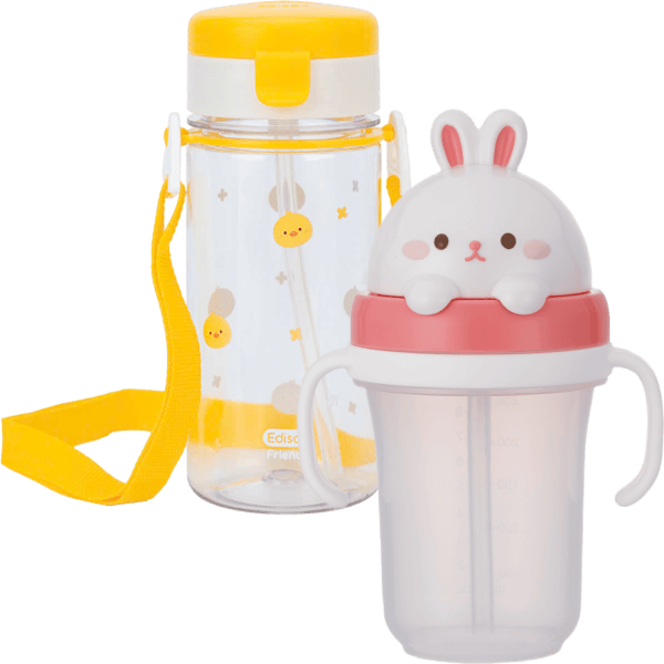 Combo 1 Bình tập uống ống hút chống tràn ecozen Edison (350ml, dây đeo, vàng) và 1 Bình tập uống ống hút chống tràn 3D Edison (300ml, thỏ hồng)