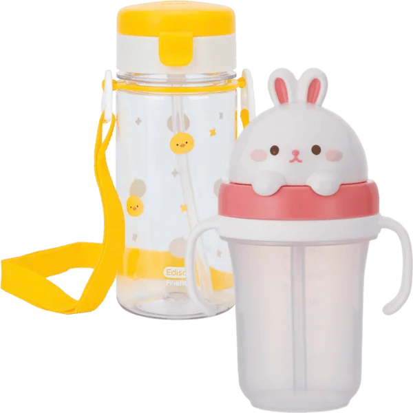 Combo 1 Bình tập uống ống hút chống tràn ecozen Edison (350ml, dây đeo, vàng) và 1 Bình tập uống ống hút chống tràn 3D Edison (300ml, thỏ hồng)
