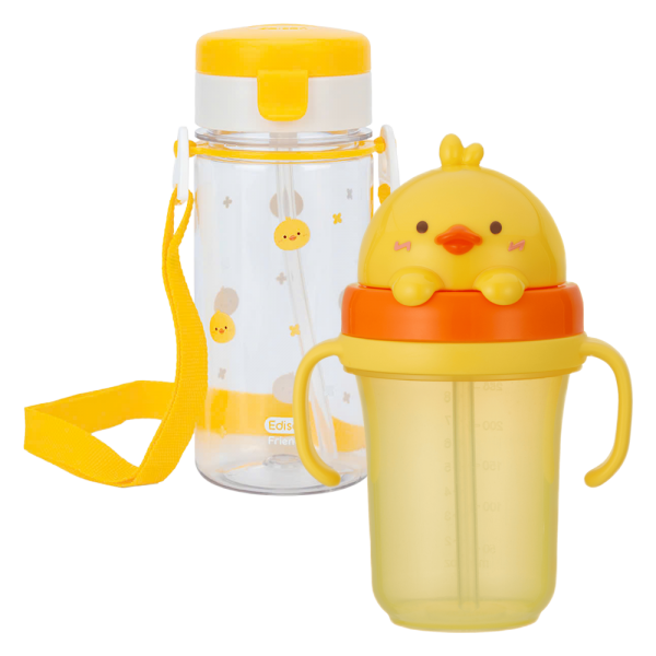 Combo 1 Bình tập uống ống hút chống tràn ecozen Edison (350ml, dây đeo, vàng) và 1 Bình tập uống ống hút chống tràn 3D Edison (300ml, vịt vàng)