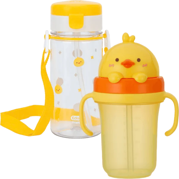 Combo 1 Bình tập uống ống hút chống tràn ecozen Edison (350ml, dây đeo, vàng) và 1 Bình tập uống ống hút chống tràn 3D Edison (300ml, vịt vàng)