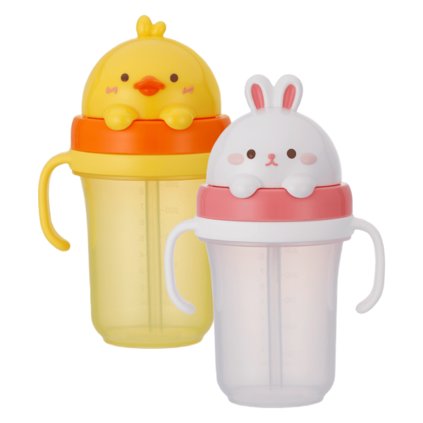 Combo 1 Bình tập uống ống hút chống tràn 3D Edison (300ml, thỏ hồng) và 1 Bình tập uống ống hút chống tràn 3D Edison (300ml, vịt vàng)