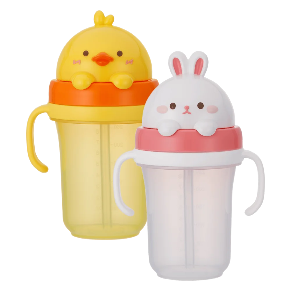 Combo 1 Bình tập uống ống hút chống tràn 3D Edison (300ml, thỏ hồng) và 1 Bình tập uống ống hút chống tràn 3D Edison (300ml, vịt vàng)