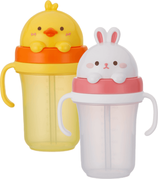 Combo 1 Bình tập uống ống hút chống tràn 3D Edison (300ml, thỏ hồng) và 1 Bình tập uống ống hút chống tràn 3D Edison (300ml, vịt vàng)