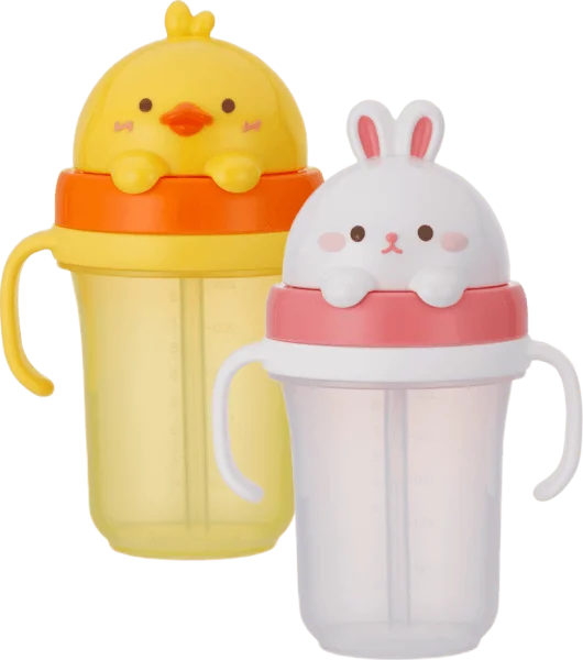 Combo 1 Bình tập uống ống hút chống tràn 3D Edison (300ml, thỏ hồng) và 1 Bình tập uống ống hút chống tràn 3D Edison (300ml, vịt vàng)