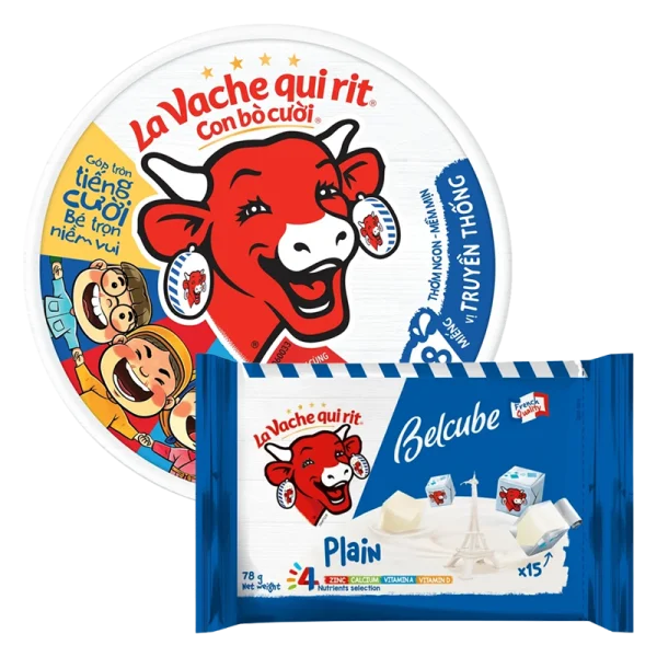 Combo 1 Thực phẩm bổ sung: Phô mai La Vache qui rit Con Bò Cười - 100N VN (112gr) và 1 Thực phẩm bổ sung phô mai Con Bò Cười vuông BelCube vị truyền thống 78g