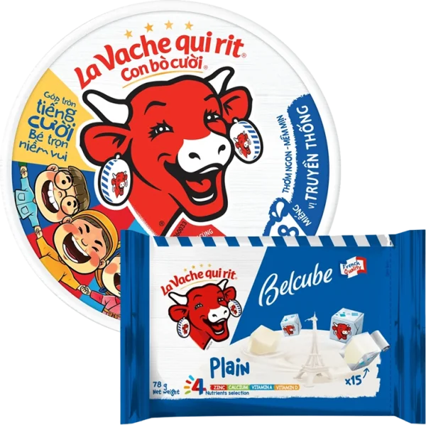 Combo 1 Thực phẩm bổ sung: Phô mai La Vache qui rit Con Bò Cười - 100N VN (112gr) và 1 Thực phẩm bổ sung phô mai Con Bò Cười vuông BelCube vị truyền thống 78g