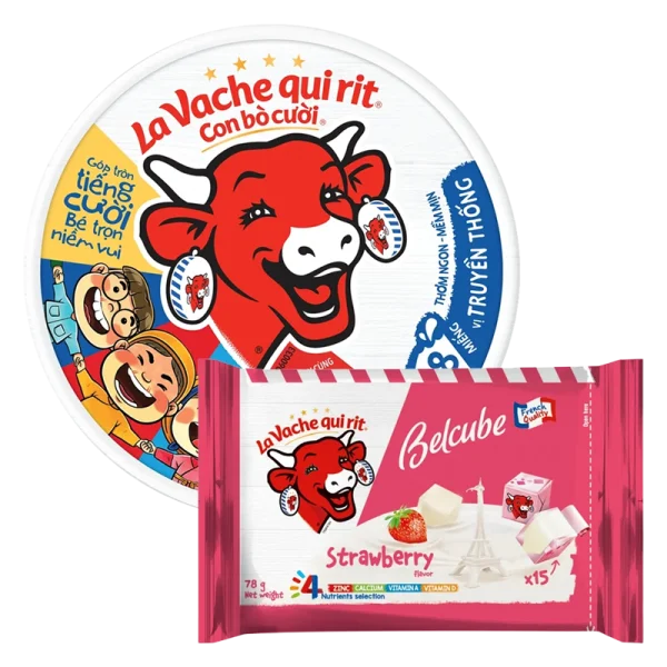Combo 1 Thực phẩm bổ sung: Phô mai La Vache qui rit Con Bò Cười - 100N VN (112gr) và 1 PM vuông Belcube ngọt vị Dâu 78G