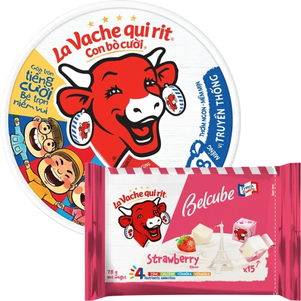 Combo 1 Thực phẩm bổ sung: Phô mai La Vache qui rit Con Bò Cười - 100N VN (112gr) và 1 PM vuông Belcube ngọt vị Dâu 78G