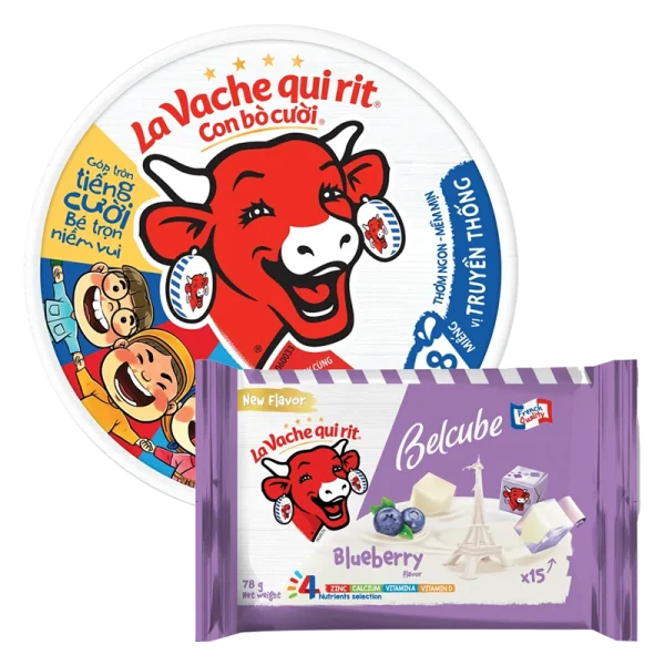 Combo 1 Thực phẩm bổ sung: Phô mai La Vache qui rit Con Bò Cười - 100N VN (112gr) và 1 Thực phẩm bổ sung phô mai BelCube hương việt quất 78g