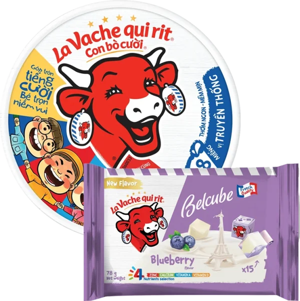 Combo 1 Thực phẩm bổ sung: Phô mai La Vache qui rit Con Bò Cười - 100N VN (112gr) và 1 Thực phẩm bổ sung phô mai BelCube hương việt quất 78g