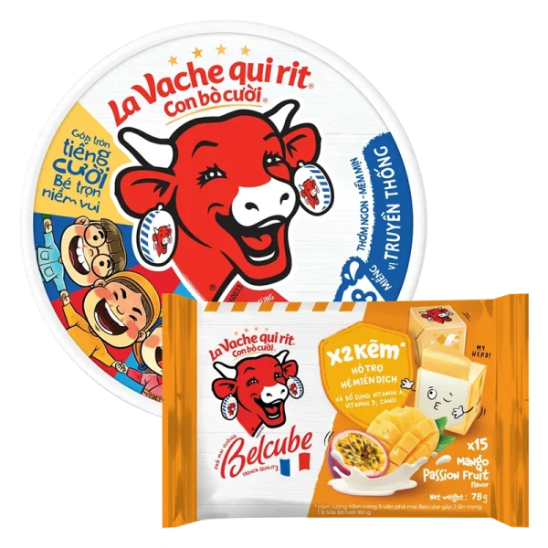Combo 1 Thực phẩm bổ sung: Phô mai La Vache qui rit Con Bò Cười - 100N VN (112gr) và 1 Phô mai BelCube hương xoài chanh dây 78g