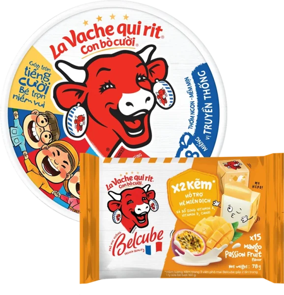 Combo 1 Thực phẩm bổ sung: Phô mai La Vache qui rit Con Bò Cười - 100N VN (112gr) và 1 Phô mai BelCube hương xoài chanh dây 78g