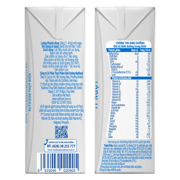 Sữa Bột Pha Sẵn NUVI GROW HEIGHT ít đường 110ML (lốc 4 hộp)