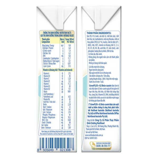 Sữa Bột Pha Sẵn Nutifood GrowPLUS A2 Beta-Casein 180ml (Lốc 4)