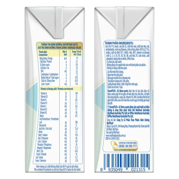 Sữa Bột Pha Sẵn Nutifood GrowPLUS A2 Beta-Casein 110ml (Lốc 4)