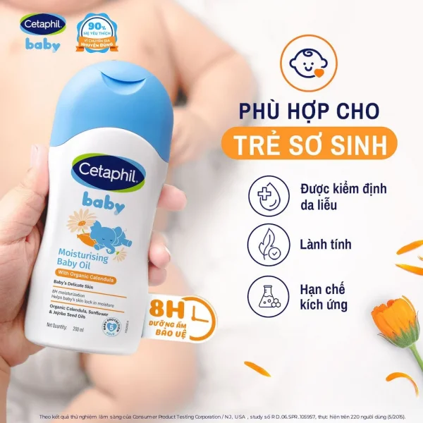 Dầu massage dưỡng ẩm hoa cúc Cetaphil Baby Moisturising Baby Oil with Organic Calendula 200ml