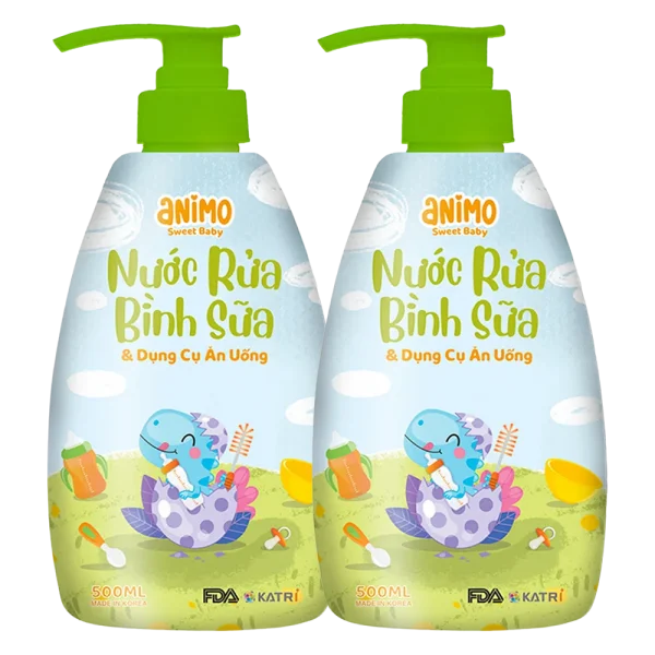 Combo 2 Nước rửa bình sữa kháng khuẩn Animo chai 500ml (Xanh da trời) - Pink plus