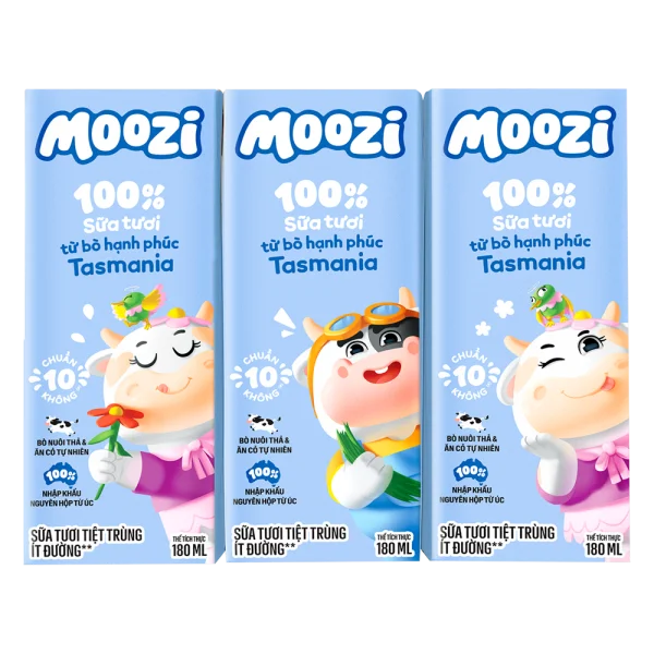 Combo 16 Sữa tươi tiệt trùng Moozi ít đường 180ml (lốc 3 hộp)