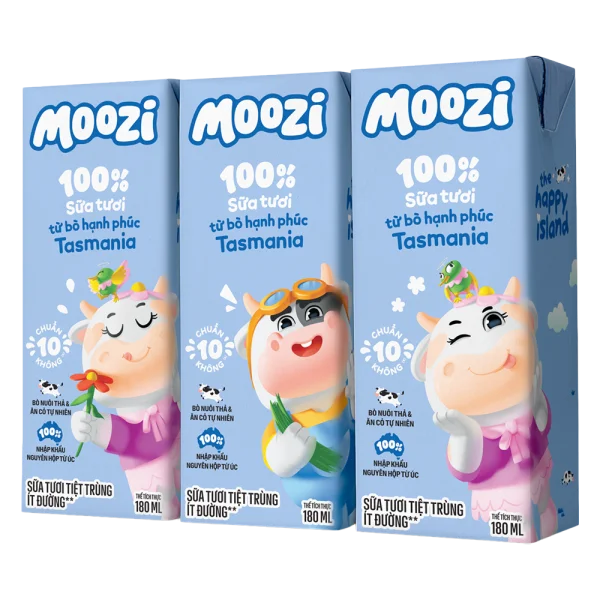 Combo 16 Sữa tươi tiệt trùng Moozi ít đường 180ml (lốc 3 hộp)