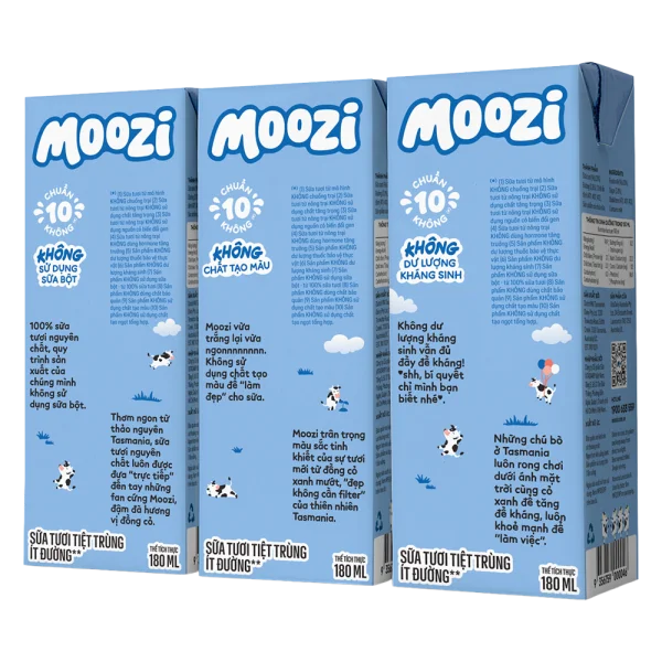 Combo 16 Sữa tươi tiệt trùng Moozi ít đường 180ml (lốc 3 hộp)