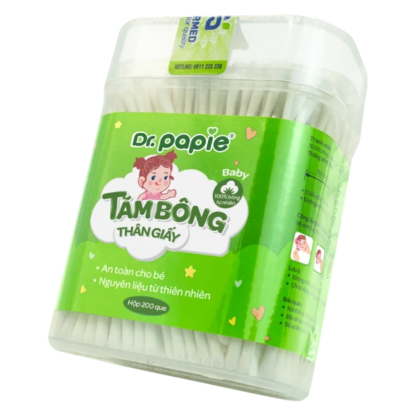Tăm bông thân giấy trẻ em Dr. Papie (200 que, 1 đầu xoắn, 1 đầu dẹt)