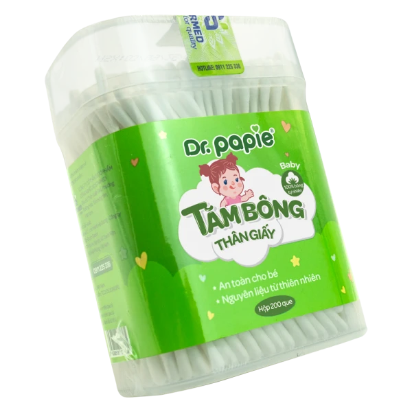 Tăm bông thân giấy trẻ em Dr. Papie (200 que, 1 đầu xoắn, 1 đầu dẹt)