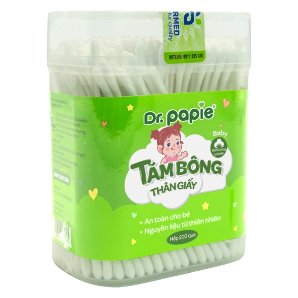 Tăm bông thân giấy trẻ em Dr. Papie (200 que, 1 đầu xoắn, 1 đầu dẹt)