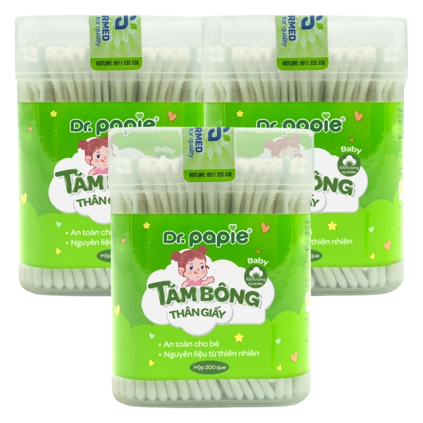 Tăm bông thân giấy trẻ em Dr. Papie (200 que, 1 đầu xoắn, 1 đầu dẹt)