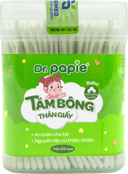 Tăm bông thân giấy trẻ em Dr. Papie (200 que, 1 đầu xoắn, 1 đầu dẹt)